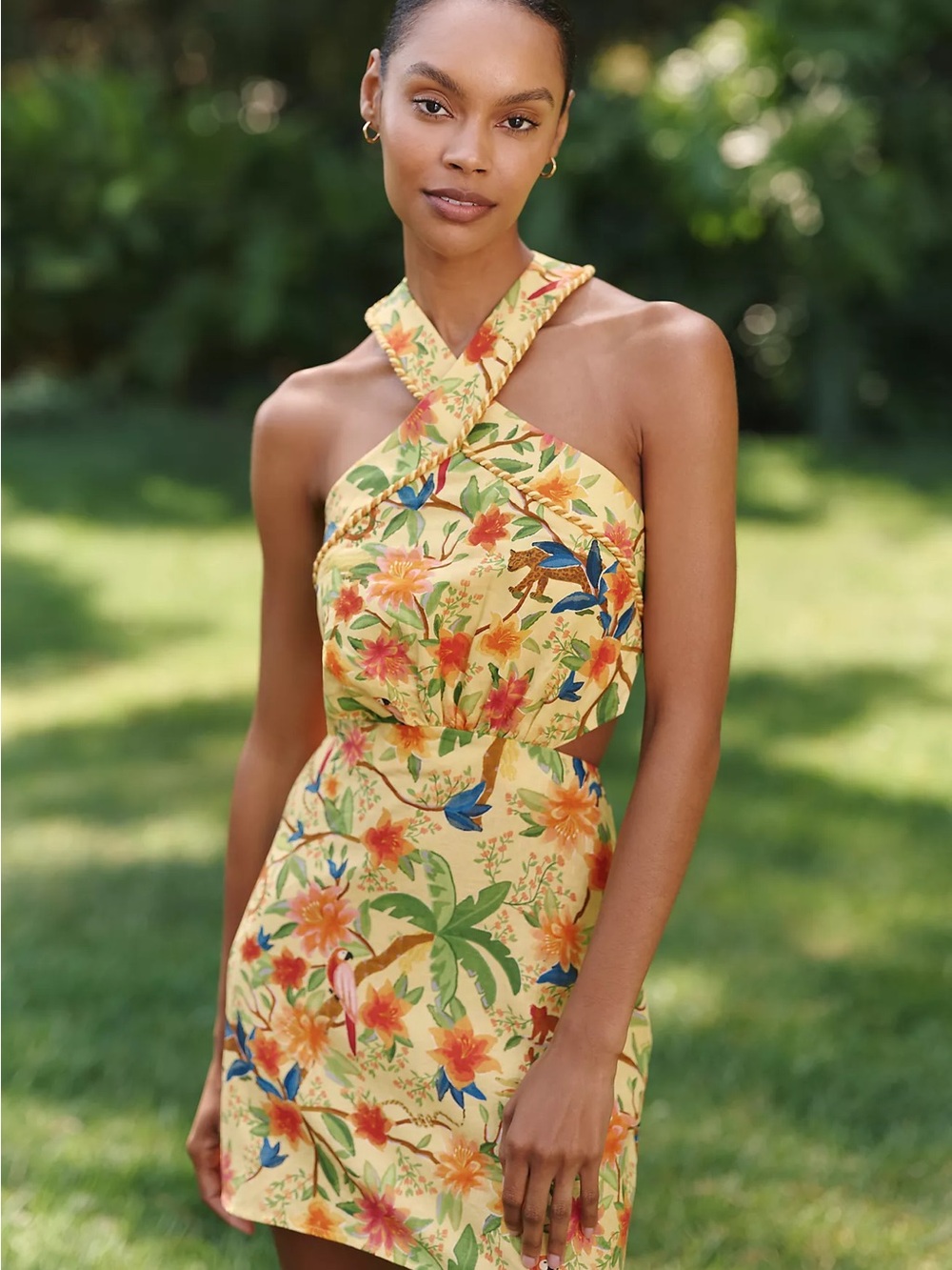 FARM Rio Yellow Tropical Cross-Halter Mini Dress